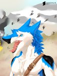 angry anthro belt blue_body blue_eyes blue_fur fur male open_mouth screaming simple_background solo teeth tongue tongue_out warcry white_body white_fur conditional_dnp teremunart mammal sergal absurd_res character_request hi_res