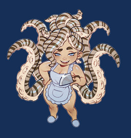 apron apron_only big_butt breasts butt chibi clothing footwear frilly frilly_clothing knife pseudo_hair shoes short slippers small_breasts tentacle_hair tentacles coraline_kempt aquatic cephalopod coleoid mimic_octopus mollusk octopodiform octopus hi_res