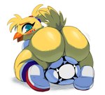 2018 absurd_res anthro avian ball beak big_butt bird blue_eyes blush bodily_fluids bottomless butt chicken clothed clothing digital_media_(artwork) ettie feathers female fifa footwear galliform gallus_(genus) genitals hi_res huge_butt innie_pussy looking_at_viewer looking_back open_beak open_mouth phasianid presenting presenting_hindquarters presenting_pussy pussy shirt simple_background soccer soccer_ball solo sport sssonic2 sweat sweatdrop t-shirt thick_thighs topwear white_background yellow_body yellow_feathers
