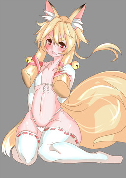 armwear bell blonde_hair blush breasts clothed clothing elbow_gloves female flat_chested fluffy fluffy_tail fur gloves grey_background hair handwear inner_ear_fluff kneeling legwear long_hair navel open_mouth red_eyes simple_background skimpy small_breasts solo tail thigh_highs tuft white_body white_fur wide_hips yukusasu animal_humanoid canid canid_humanoid canine canine_humanoid fox_humanoid humanoid mammal mammal_humanoid 2015 hi_res