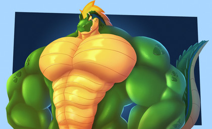 abs anthro barazoku biceps big_muscles big_pecs blonde_hair deltoids eye_scar facial_scar forearm_muscles green_body green_scales hair huge_muscles male mohawk muscular muscular_anthro muscular_male overbite pecs scales scar serious serratus solo tail tail_ridge trapezius triceps ventral_scales yellow_body yellow_eyes yellow_scales koragos dungeons_and_dragons hasbro wizards_of_the_coast koragos_(character) lizardfolk_(dnd) lizardman scalie 2025 digital_media_(artwork) half-length_portrait hi_res portrait