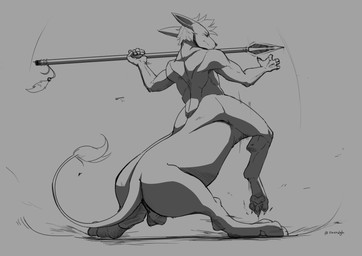 back_muscles backsack balls butt claws feet genitals hindpaw lance male melee_weapon paws polearm shaking shivering solo spear tail_anus throwing weapon swerdgh3415 felid felid_taur mammal mammal_taur taur absurd_res full-length_portrait hi_res monochrome portrait shaded sketch sketch_page