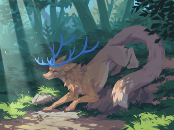 ambiguous_gender antlers blue_antlers blue_eyes brown_body brown_fur butt_tuft cheek_tuft facial_tuft feral fluffy fluffy_tail forest fur horn leg_tuft light light_beam narrowed_eyes neck_tuft outside plant rock shrub solo sunbeam sunlight tail tan_body tan_fur tree tuft unsigned corzh77 mythology dragon furred_dragon furred_scalie mythological_creature mythological_scalie scalie 4:3 absurd_res full-length_portrait hi_res portrait