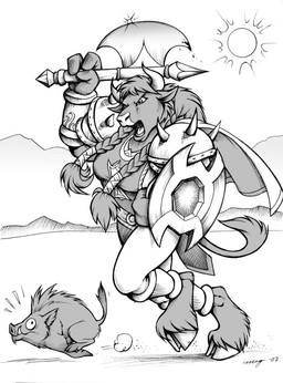 angry anthro armor axe duo female hooves horn humor melee_weapon shield tail tusks warrior weapon megan_giles blizzard_entertainment warcraft bovid bovine domestic_pig mammal suid suine sus_(pig) tauren wild_boar 2007 monochrome