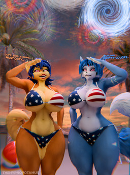 american_flag_bikini anthro big_breasts bikini blue_body blue_fur blue_hair bodily_fluids breasts clothing dialogue drooling duo female flag_bikini flag_swimwear fluffy fluffy_tail fur gesture hair hypnosis mind_control multicolored_body multicolored_fur orange_body orange_fur saliva salute spiral spiral_eyes swimwear tail tan_body tan_fur text thick_thighs triangle_bikini two-piece_swimsuit two_tone_body two_tone_fur white_body white_fur wide_hips hypnopotamus warfaremachine_(modeler) nintendo sly_cooper_(series) sony_corporation sony_interactive_entertainment star_fox sucker_punch_productions carmelita_fox krystal_(star_fox) warfare_carmelita warfare_krystal canid canine fox mammal 2025 3d_(artwork) digital_media_(artwork) english_text hi_res