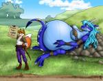 anthro blue_hair breasts claws duo female hair horn nipples pregnant tail duo_radon squeakie mythology canid canine dragon fox mammal mythological_creature mythological_scalie reptile scalie source_request