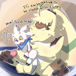 ahoge anthro balls big_penis blush dialogue duo erection frottage fur genitals grin hair hair_over_eyes horn kerchief male male/male neckerchief neckwear pawpads penile penis penises_touching sex size_difference smile straddling text white_body yellow_body yellow_fur suzuinu bandai_namco digimon digimon_ghost_game angoramon digimon_(species) gammamon lagomorph leporid mammal rabbit absurd_res english_text hi_res