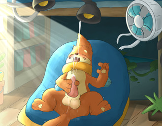 balls bedroom blush bodily_fluids cum cumshot ejaculation erection fan_(object) feral fur furniture genital_fluids genitals happy heat_(temperature) inside looking_pleasured lying male masturbation open_mouth orange_body orgasm orgasm_face penile penile_masturbation penis pillow plant smile solo sweat tail tongue oliviwott nintendo pokemon buizel generation_4_pokemon mammal pokemon_(species) digital_media_(artwork) hi_res