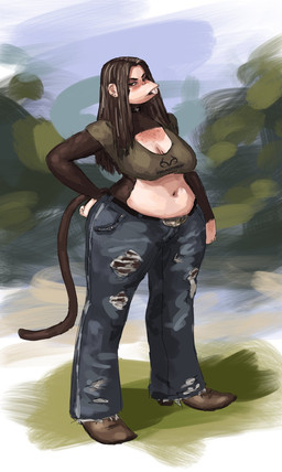 abstract_background anthro belt boots bottomwear breasts brown_body brown_fur brown_hair buckteeth choker cleavage clothed clothing crop_top denim denim_bottomwear denim_clothing ear_piercing female footwear freckled_chest freckled_face freckles fur green_eyes hair hand_on_hip jeans jewelry long_hair medium_breasts midriff navel necklace pants piercing shirt shoes slightly_chubby solo standing tail teeth texas text text_on_clothing text_on_shirt text_on_topwear topwear torn_bottomwear torn_clothing torn_jeans torn_pants redustheriotact aarin_(redustheriotact) haplorhine mammal monkey primate 2025 hi_res