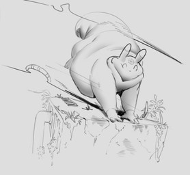 2_toes 3_fingers acrobatic_overweight ambiguous_gender belly big_belly big_tail danger dewlap_(anatomy) dodging eyes_closed feet feral fingers harpoon huge_belly melee_weapon overweight overweight_ambiguous overweight_feral peril polearm running solo spear tail toes weapon citrusslugcat rain_world videocult citrus_(slugcat) slugcat monochrome