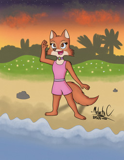 4_fingers anthro barefoot beach brown_body brown_fur brown_nose clothing facial_tuft feet female fingers flower fur fur_tuft grass head_tuft hill jewelry necklace pink_clothing plant rock sand seaside shadow sky solo sunset swimwear tree tuft malachi_c. disney robin_hood_(disney) maid_marian canid canine fox mammal red_fox true_fox 2020 absurd_res dated film_grain hi_res signature