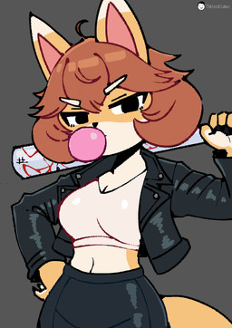 anthro baseball_bat bat_(object) bottomwear brown_hair bubble_gum clothing countershading dipstick_ears ear_markings eyebrows female hair jacket leather leather_clothing leather_jacket leather_topwear multicolored_ears pencil_skirt shirt skirt solo tank_top topwear white_eyebrows voider_(artist) bully_fox canid canine fox mammal hi_res