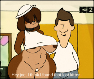 3south anthro areola areola_slip big_areola big_breasts big_butt breasts brown_body brown_fur butt caption clothed clothed_male clothing college college_student duo fake_screencap female fur genitals hair hair_over_eyes hat headgear headwear male male/female parody partially_clothed pussy_tape school slightly_chubby slightly_chubby_female tape vulva wide_hips jojispoon44 mtv del_swanson_(3south) canid canine human mammal