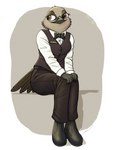 anthro bartender black_tie_(suit) boots bottomwear bow_tie clothed clothing female footwear half-closed_eyes narrowed_eyes pants pose shirt shoes sitting solo suit topwear uniform vest waiter waiter_suit waitress_uniform fish_birb millie_(fish_birb) avian bird oscine passerine starling_(bird) absurd_res hi_res pinup