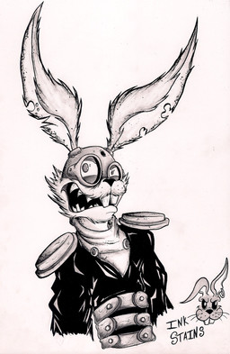 anthro armor belt buckteeth clothed clothing eyewear fangs front_view fur grin headgear helmet kerchief long_ears looking_at_viewer machine male open_mouth pose sharp_teeth simple_background smile solo standing straps teeth white_background ink_stains guardians_of_the_galaxy marvel blackjack_o'hare hare lagomorph leporid mammal rabbit 2016 hi_res monochrome traditional_media_(artwork)