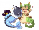 ambiguous_gender blush bodily_fluids chain clothing duo feral hat headgear headwear licking open_mouth purple_eyes saliva simple_background sweat tail tongue tongue_out white_background sakurakazuki nintendo pokemon eeveelution generation_1_pokemon generation_4_pokemon leafeon pokemon_(species) vaporeon