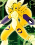 anthro armwear black_sclera blue_eyes breasts chest_tuft clothed clothing dipstick_tail elbow_gloves female fur gloves handwear leg_markings markings solo tail tail_markings tuft white_body white_fur yellow_body yellow_fur c0sm0 bandai_namco digimon canid canine digimon_(species) mammal renamon