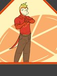 3:4 abstract_background anthro anthrofied bottomwear clothed clothing fuecoco fully_clothed fuze generation_9_pokemon hi_res male nintendo pants pokemon pokemon_(species) pokemorph polo_shirt shirt solo topwear