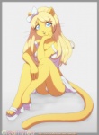 :3 accessory anthro biped blonde_hair blue_eyes bottomwear bow_(feature) bow_accessory bow_ribbon clothing feet female footwear fur hair hair_accessory hair_bow hair_ribbon long_hair long_tail looking_at_viewer panties panty_shot ribbons sandals shoes sitting skirt solo tail underwear yellow_body yellow_fur creamytea angelina_onyx deity domestic_cat felid feline felis mammal