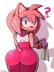 3:4 absurd_res accessory amy_rose anthro big_butt bodily_fluids bottomwear breasts breath butt cleavage clothed clothing crossxvii duo eulipotyphlan female fur green_eyes hair_accessory hairband hands_behind_head hedgehog hi_res looking_at_viewer looking_back mammal panting pants pink_body pink_fur question_mark sega shirt solo sonic_the_hedgehog_(series) sweat tail topwear towel wet wet_clothing