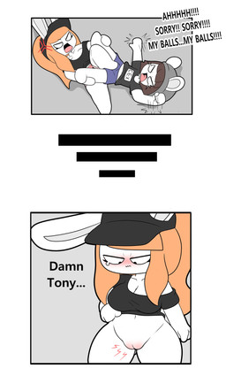 angry anthro beanie black_clothing black_hat black_headwear black_shirt black_topwear blue_bottomwear blue_clothing blue_shorts blush bodily_fluids bottomless bottomless_anthro bottomless_female bottomwear breasts brown_hair cleavage clothed clothing cock_and_ball_torture cross-popping_vein dialogue duo eyelashes female genital_torture genitals grey_beanie grey_clothing grey_hat grey_headwear hair hat headgear headwear male male/female navel orange_hair pain pink_bottomwear pink_clothing pink_shorts ponytail shirt shorts speech_bubble tears text topwear vulva tonytoran tina_(tonytoran) tony_(tonytoran) chinchilla chinchillid lagomorph leporid mammal rabbit rodent absurd_res comic hi_res