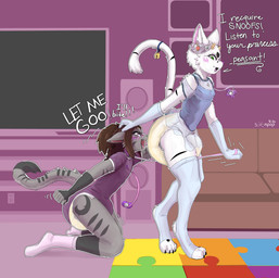 ambiguous_gender anthro big_diaper bodily_fluids butt_sniffing clothed clothing collar crossdressing crown diaper diaper_snoofing duo electronics footwear furniture genital_fluids headgear leash leash_pull leashed_collar legwear male onesie pacifier princess_dress roleplay sniffing socks sofa speaker stockings television text tiara unclean_diaper urine used_diaper wearing_diaper wet_diaper sonpop domestic_cat felid feline felis mammal absurd_res english_text hi_res