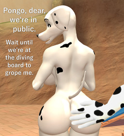 anthro anthrofied back_boob barely_visible_genitalia barely_visible_vulva big_butt breasts butt canon_couple dialogue female genitals hand_on_butt husband_and_wife married_couple mature_female nude presenting presenting_hindquarters romantic romantic_couple term_of_endearment text vulva papadragon69 101_dalmatians disney perdita pongo canid canine canis dalmatian domestic_dog mammal 3d_(artwork) digital_media_(artwork) english_text