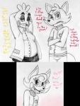 2015 alpha_channel animatronic anthro avian bird blush canid canine chica_(fnaf) chicken clothing comic crossed_arms dialogue english_text female five_nights_at_freddy's five_nights_at_freddy's_2 fox foxy_(fnaf) funtime_foxy_(fnaf) galliform gallus_(genus) group hands_behind_head hi_res inkyfrog looking_at_viewer machine male mammal mangle_(fnaf) phasianid robot school_uniform scottgames simple_background talking_to_viewer text traditional_media_(artwork) uniform white_background