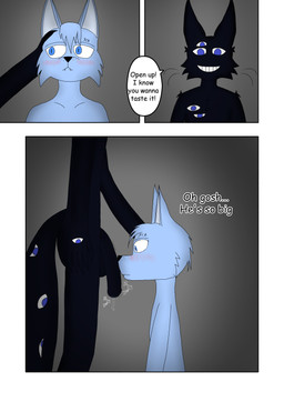 5_fingers anthro balls big_balls big_penis black_body black_fur blue_body blue_eyes blue_fur blush bodily_fluids dialogue duo fingers foreskin fur genital_fluids genitals hand_on_head humanoid_genitalia humanoid_penis imminent_oral male male/male manga_style multi_eye penis precum text murasakine_fox shadow_hoshi_(sky_heart) ych_(character) canid canine canis demon domestic_cat felid feline felis mammal monster shadow_creature wolf absurd_res comic english_text hi_res