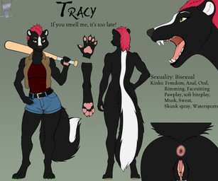 4_toes 5_fingers anthro anus barefoot baseball_bat bat_(object) belt biped black_belt black_body black_ears black_fur black_tail black_text blue_bottomwear blue_clothing blue_shorts bottomwear breasts brown_clothing brown_topwear brown_vest butt claws clitoris clothed clothed_anthro clothed_female clothing denim denim_bottomwear denim_clothing denim_shorts digitigrade eyebrows fangs feet female female_anthro fingerpads fingers fluffy fluffy_tail fur gaping gaping_vagina genitals green_claws green_eyes grey_background grey_nose hair holding_baseball_bat humanoid_genitalia humanoid_vulva logo medium_breasts mohawk mouth_closed multicolored_body multicolored_fur nude nude_anthro nude_female open_clothing open_mouth open_topwear open_vest pawpads paws pink_anus pink_hair pink_pawpads pink_tongue pupils red_clothing red_shirt red_tank_top red_topwear shirt short_hair shorts simple_background snout solo standing stated_sexuality tail tank_top teeth text toe_claws toes tongue topwear two_tone_body two_tone_fur two_tone_tail urethra vest vulva white_body white_eyebrows white_fur white_inner_ear white_tail lycadio tracy_(lycadio) mammal mephitid skunk striped_skunk 2026 artist_logo english_text hi_res model_sheet