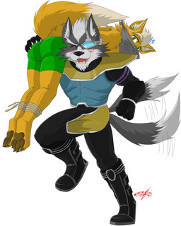 anthro bdsm blush bodily_fluids bondage bound boxers_(clothing) butt captured carrying_another clothed clothing dominant dominant_male duo fully_clothed grope half_naked hand_on_butt happy male male/male muscular muscular_male nervous simple_background submissive submissive_male sweat tail tail_motion tailwag underwear ligoni nintendo star_fox fox_mccloud wolf_o'donnell canid canine canis fox mammal wolf 4:5 hi_res