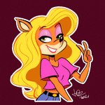 4_fingers anthro biped black_nose blonde_hair clothed clothing female fingers gesture green_eyes hair hand_gesture looking_at_viewer orange_body outline simple_background smile solo v_sign year juneduck21 activision crash_bandicoot_(series) tawna_bandicoot bandicoot mammal marsupial 1:1 2021 half-length_portrait portrait signature