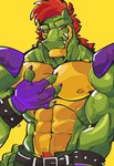 anthro biped green_body green_skin hair looking_at_viewer male muscular muscular_anthro muscular_male red_eyes red_hair solo yellow_body yellow_skin milatora1 five_nights_at_freddy's five_nights_at_freddy's:_security_breach scottgames steel_wool_studios montgomery_gator alligator alligatorid crocodilian reptile scalie 2024 hi_res