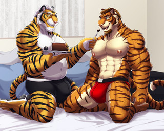 abs age_difference anthro anthro_on_anthro beard bed big_bulge briefs bulge cake clothed clothing countershading cutlery dessert duo eyewear facial_hair food fork furniture glasses hair huge_bulge jockstrap kitchen_utensils male male/male mature_male mostly_nude musclegut muscular muscular_anthro muscular_male nipples older_male pecs striped_body stripes tools underwear underwear_only white_hair younger_male dream_and_nightmare asyr night_(dream_and_nightmare) felid mammal pantherine tiger 5:4 father_(lore) father_and_child_(lore) father_and_son_(lore) incest_(lore) parent_(lore) parent_and_child_(lore) parent_and_son_(lore) son_(lore)