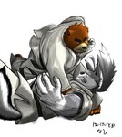 anthro brown_body brown_fur clothing countershade_face countershade_snout countershading duo fight fur grey_body grey_fur keikogi male martial_arts_uniform simple_background snout sportswear tan_body tan_countershading tan_fur text white_background white_body white_clothing white_countershading white_fur poge_jirushi morenatsu juuichi_mikazuki ten_kodori bear canid canine canis mammal wolf 2013 colored japanese_text