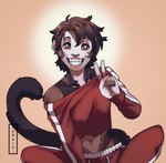 anthro brown_eyes brown_hair clothing female gesture hair hand_gesture midriff simple_background smile solo v_sign nabaiki maddie_(deexcoffee) capuchin_monkey cebid haplorhine mammal monkey new_world_monkey primate hi_res