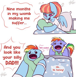 :o angry_eyebrows bed bodily_fluids dialogue female feral freckled_ears freckled_face freckles furniture group hair hospital hospital_bed male multicolored_hair open_mouth rainbow_hair tears text trio wings xconitox friendship_is_magic hasbro my_little_pony mythology nine_months_in_my_womb_making_me_suffer bow_hothoof_(mlp) rainbow_dash_(mlp) windy_whistles_(mlp) equid equine mammal mythological_creature mythological_equine pegasus english_text hi_res meme