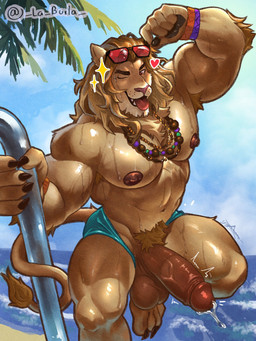 5_fingers anthro armpit_hair balls barazoku beach big_muscles big_pecs black_claws blue_clothing blue_underwear bodily_fluids body_hair bracelet brown_eyebrows brown_nipples circumcised claws clothed clothing collar eyebrows eyewear eyewear_on_head fangs fingers fur genital_fluids genitals heart_symbol humanoid_genitalia humanoid_penis jewelry leaking_precum male muscular muscular_anthro muscular_male navel nipple_outline nipples one_eye_closed open_mouth pecs penis penis_poking_out precum pubes red_eyes red_eyewear red_sunglasses saggy_balls solo sunglasses sunglasses_on_head tail tan_body tan_fur teeth tongue tongue_out topless topless_anthro topless_male underwear vein veiny_penis wet wet_body whisker_spots wink la_burla epic_games fortnite kingston_(fortnite) felid lion mammal pantherine 2025 3:4 digital_drawing_(artwork) digital_media_(artwork) english_description hi_res