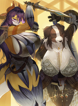2_horns 4_fingers ahoge anthro armguards armor athletic athletic_anthro athletic_female back_tuft bangs bare_shoulders big_breasts biped breastplate breasts brown_body brown_fur buckler cleavage clothed clothed_anthro clothed_female clothing covered_mouth cross duo eyebrows eyelashes eyes_closed female female_anthro fingers floppy_ears fluffy fur greatsword hair hanging_breasts holding_melee_weapon holding_object holding_sword holding_weapon horn huge_breasts jewelry knight leaning leaning_forward long_hair looking_at_viewer melee_weapon multiple_poses neck_tuft necklace non-mammal_breasts pose preparing_to_strike purple_eyes purple_hair raised_arm reaching_for_weapon serious sheathed_weapon shield short_sword side_boob skimpy snout standing sword tail text thick_tail thick_thighs throwing_knife tuft unconvincing_armor voluptuous_anthro voluptuous_female warrior weapon white_body white_fur wide_hipped_anthro wide_hipped_female wide_hips yellow_body fuli_jeffery capcom monster_hunter mythology canid canine canis collie domestic_dog dragon furred_dragon furred_scalie herding_dog mammal mythological_creature mythological_scalie pastoral_dog scalie sheepdog 2025 absurd_res artist_name colored detailed digital_drawing_(artwork) digital_media_(artwork) hi_res portrait signature three-quarter_portrait