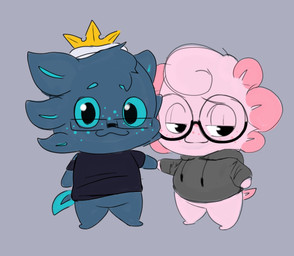 anthro black_clothing black_eyes black_eyewear black_glasses black_hoodie black_shirt black_t-shirt black_topwear blue_background blue_body blue_hair blue_sclera blue_tail chibi clothing crown duo eyewear glasses hair half-closed_eyes hand_holding happy headgear hoodie looking_at_viewer looking_away male multicolored_body narrowed_eyes pie_cut_eyes pink_body pink_hair pink_tail shirt simple_background smile standing t-shirt tail topwear two_tone_body two_tone_tail axoarts dirk_axolonso urphix_(pastelitikiwi) amphibian aquatic axolotl mole_salamander salamander 2023 digital_media_(artwork) hi_res