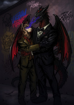 anthro black_tie_(suit) bow_tie clothing duo eye_contact gloves graffiti graffiti_on_wall handwear horn hug hypnosis looking_at_another male male/male mind_control night red_eyes ringed_eyes size_difference suit text jameslewis mythology g_jamez alpaca camelid dragon mammal mythological_creature mythological_scalie scalie absurd_res english_text hi_res