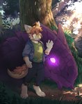 4_toes 5_fingers ambiguous_gender anthro brown_hair clothed clothing day detailed_background duo feet feral fingers forest fur grass hair looking_at_viewer male outside plant purple_body purple_scales scales smile tail toes tree ahornsirup diesel_wiesel volcanins mythology kutto dragon furred_dragon furred_scalie mythological_creature mythological_scalie scalie wingless_dragon 2022 digital_media_(artwork) hi_res