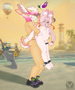 3_toes 5_fingers abdominal_bulge anthro blush bodily_fluids braided_hair breasts duo eggplant_emoji emoji eyewear feet female fingers fur glasses gradient_hair hair heart_symbol looking_at_another looking_back male male/female markings orange_eyes penetration pink_body pink_fur pink_hair pink_markings round_glasses sex sex_on_the_beach size_difference small_breasts stand_and_carry_position standing standing_sex sweat tan_body tan_fur toes trembling_for_pleasure vaginal vaginal_penetration white_body white_fur white_hair shyder mihoyo zenless_zone_zero shyder_cutetail zhao_(zenless_zone_zero) lagomorph leporid mammal rabbit 5:6 absurd_res hi_res