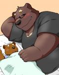 ambiguous_gender anthro blanked blush brown_body brown_fur clothing cute_fangs duo eyes_closed fangs fur humanoid_hands kemono male overweight overweight_male pillow shirt sleeping teeth topwear young young_anthro 12beat13 bear mammal 2015 father_(lore) father_and_child_(lore) parent_(lore) parent_and_child_(lore)