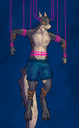 anthro bodily_fluids clothing drooling empty_eyes erection erection_under_clothing horn hypnosis limp limp_arms limp_tail limp_wrist male mind_control open_mouth puppet puppet_strings saliva simple_background solo tail tenting sqwkr crocodile crocodilian hybrid kobold reptile scalie absurd_res digital_media_(artwork) hi_res