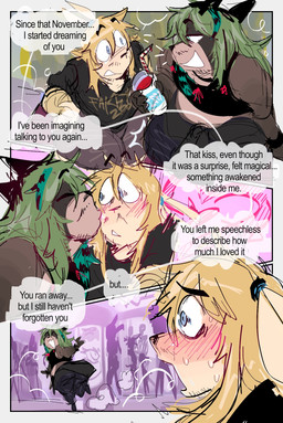 anthro blonde_hair blush blush_lines bodily_fluids bottomwear brown_body brown_fur clothing denim denim_bottomwear denim_clothing dialogue duo eyes_closed fur green_hair hair jeans kissing_cheek male open_mouth open_smile pants shirt slightly_chubby slightly_chubby_anthro slightly_chubby_male smile speech_bubble stubble sweat sweatdrop t-shirt tan_body tan_fur tank_top teapot_(body_type) text tied_ears topwear wide_eyed gat0pussy24 demi_(gat0pussy24) lake_(gat0pussy24) lagomorph leporid mammal procyonid rabbit raccoon english_text hi_res nonbinary_(lore)