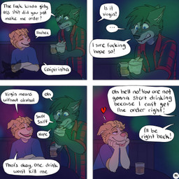 alcohol anthro beverage black_hair blonde_hair blue_eyes brown_eyes caipirinha cocktail crossed_arms dialogue duo eyes_closed flannel_shirt fur grey_body grey_fur hair head_on_hands heart_symbol holding_glass holding_object inside logo looking_at_another love male male/male nightclub page_number profanity sitting sniffing text yellow_body yellow_fur kriek_wildebeest jeremy_(kriek_wildebeest) tom_(kriek_wildebeest) border_collie canid canine canis collie domestic_dog herding_dog husky hybrid mammal nordic_sled_dog pastoral_dog sheepdog spitz wolf 1:1 artist_logo comic english_text hi_res