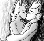 anthro duo female flat_chested kissing male male/female romantic romantic_couple evanaierkan housepets! grape_jelly_(housepets!) peanut_butter_(housepets!) canid canine canis domestic_cat domestic_dog felid feline felis mammal black_and_white monochrome