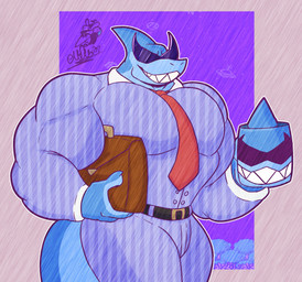 anthro biceps blue_body briefcase clothing container cup eyewear male muscular muscular_anthro muscular_male necktie pecs smile solo suit sunglasses teeth mottaxio omori_(game) mr._jawsum aquatic fish shark absurd_res hi_res