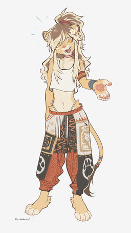 4_toes 5_fingers accessory adolescent adolescent_anthro anthro arm_markings armband barefoot biped black_bottomwear black_clothing black_pants black_text blonde_hair blue_wristband bottomwear brown_hair brown_tail_tuft brown_tuft chest_tuft choker claws clothed clothed_anthro clothed_male clothing countershade_face countershade_fur countershade_neck countershade_torso countershading crop_top cute_fangs drawstring drawstring_bottomwear drawstring_clothing drawstring_pants emanata eye_through_hair eyebrow_through_hair eyebrows eyelashes eyelashes_through_hair facial_markings fangs feet femboy fingerless_(marking) fingerpads fingers flower flower_in_hair foot_tuft fully_clothed fully_clothed_anthro fully_clothed_male fur furgonomics hair hair_accessory hair_tie happy head_markings heel_tuft hip_tuft humanoid_hands inner_ear_fluff iris jewelry long_hair long_tail looking_at_viewer male male_adolescent male_anthro markings midriff monotone_choker monotone_clothing monotone_crop_top monotone_necklace monotone_shirt monotone_tank_top monotone_topwear monotone_wristband multicolored_armband multicolored_body multicolored_fur multicolored_hair multicolored_pants navel necklace open_mouth open_smile orange_armband pants pawpads paws pink_nose pink_pawpads pink_tongue plant plantigrade ponytail pupils red_armband red_bottomwear red_choker red_clothing red_jewelry red_necklace red_pants shirt shoulder_markings simple_background slim slim_anthro slim_male smile smiling_at_viewer solo spots spotted_markings standing tail tail_accessory tail_jewelry tail_tuft tank_top teeth text thong_straps toe_claws toeless_(marking) toes tongue tongue_out topwear translucent translucent_hair tuft two_tone_body two_tone_fur two_tone_hair underwear white_background white_body white_bottomwear white_claws white_clothing white_countershading white_crop_top white_fingers white_fur white_inner_ear_fluff white_markings white_pants white_sclera white_shirt white_spots white_tank_top white_toes white_topwear white_tuft white_underwear wristband yellow_body yellow_eyes yellow_fur yellow_tail yellow_tuft young young_anthro young_male koiyaroid felid lion mammal pantherine 2025 absurd_res artist_name digital_media_(artwork) english_description full-length_portrait hi_res portrait